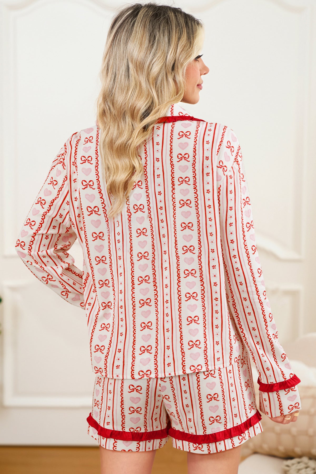 Red Floral Heart Bow Print Long Sleeve Shirt Pajama Short Set