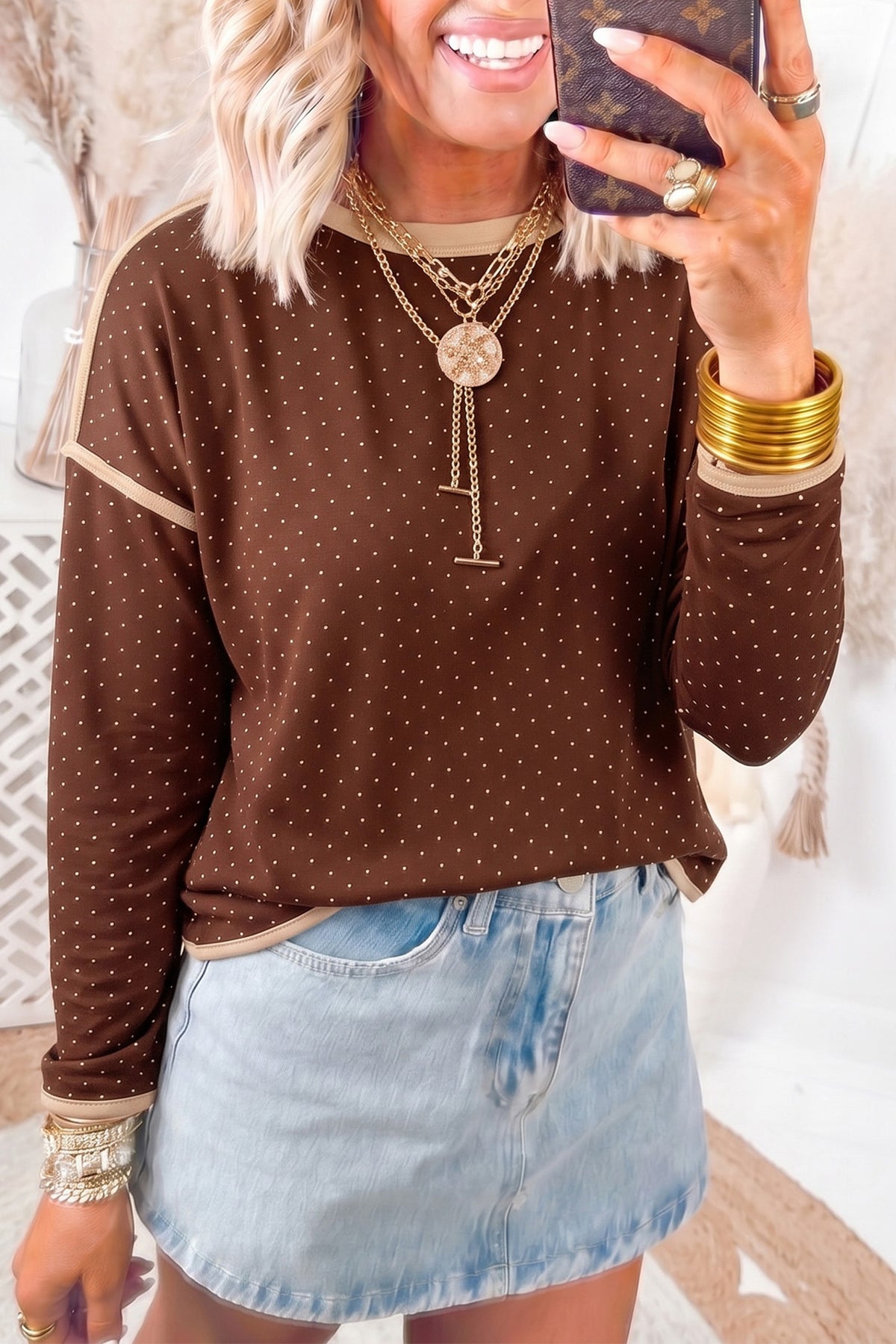 Brown Contrast Trim Polka Dot Pullover Top