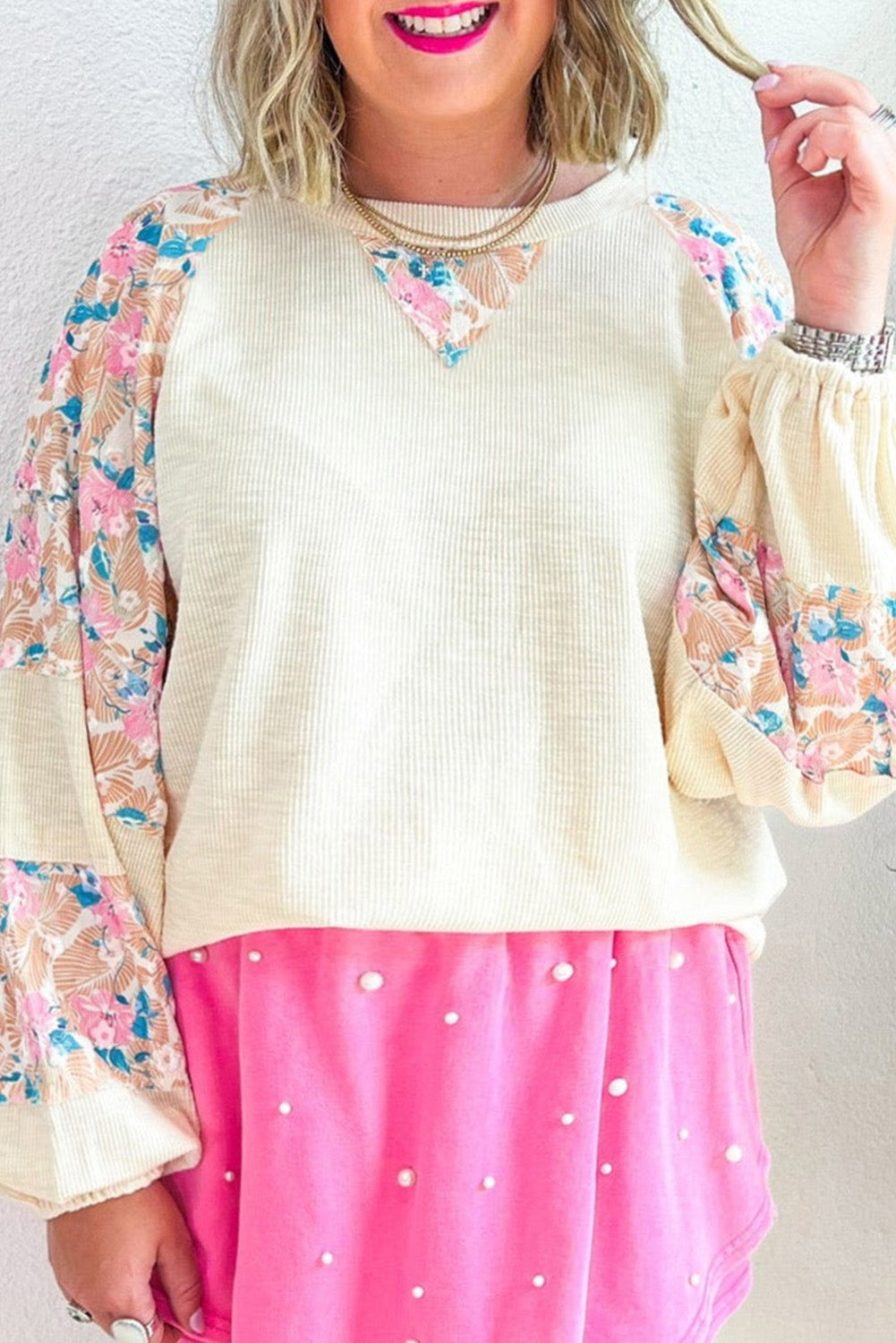Apricot Plus Size Floral Patchwork Ribbed Puff-Sleeve Top