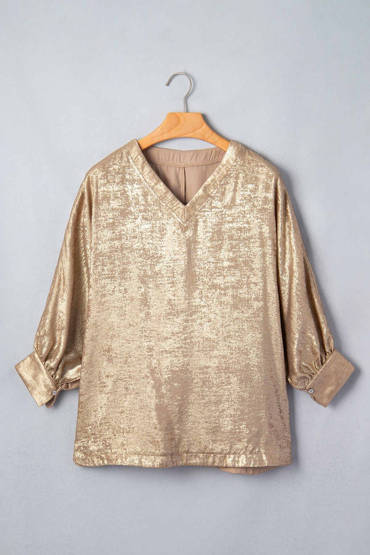 Parchment Metallic V Neck Button Cuffed Dolman Blouse