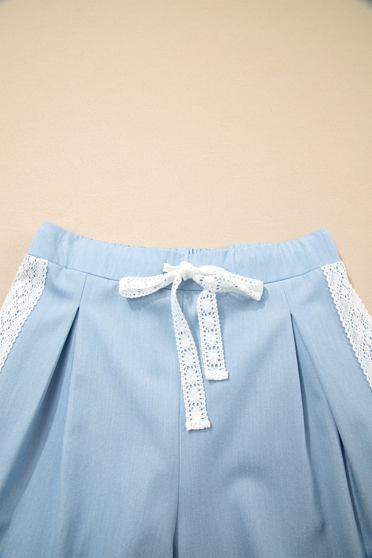 Beau Blue Lace Accent Floral Patched Pocket Pleated Wide Leg Pants