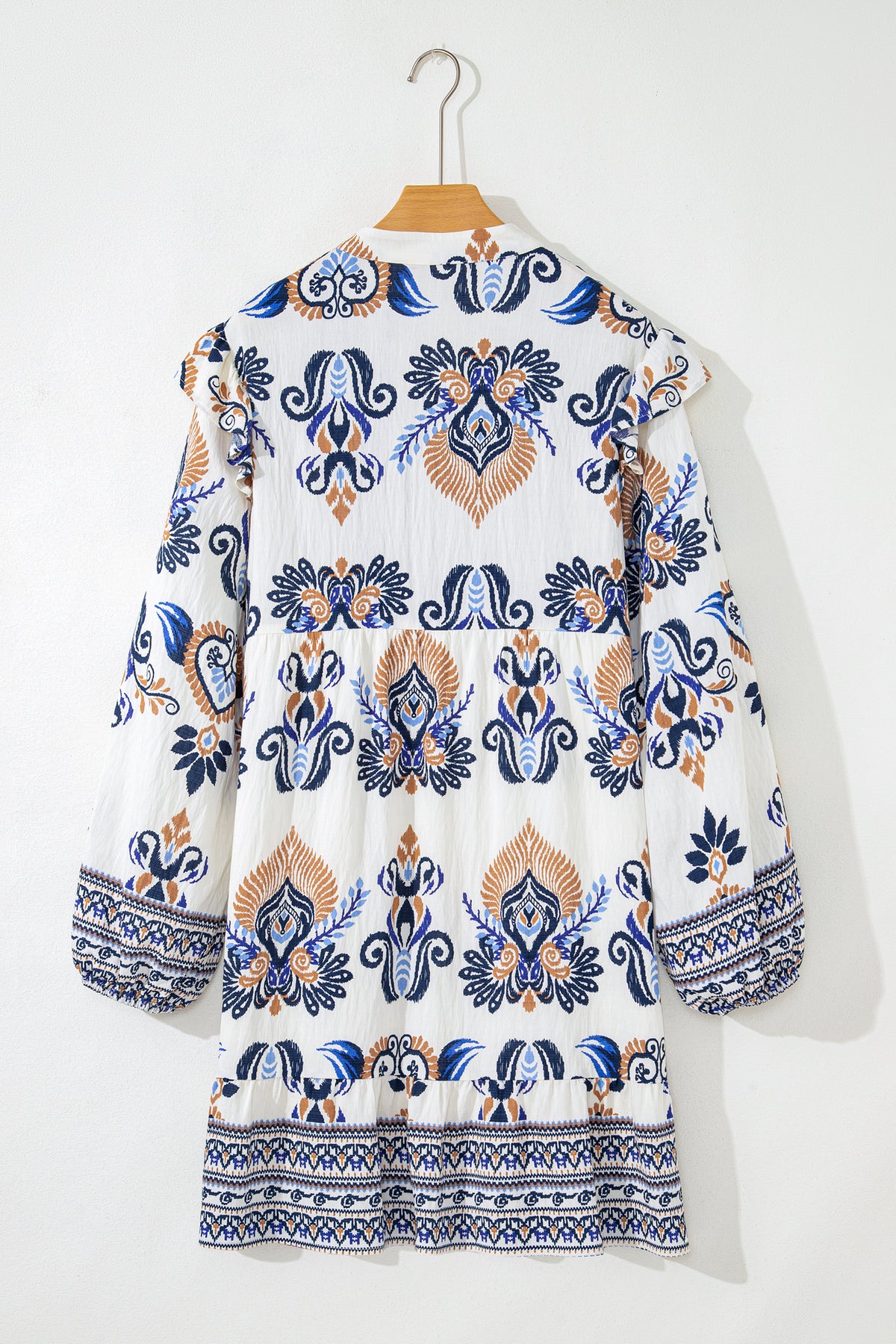 Sky Blue Plus Size Boho Print Split Neck Long-Sleeve Mini Dress