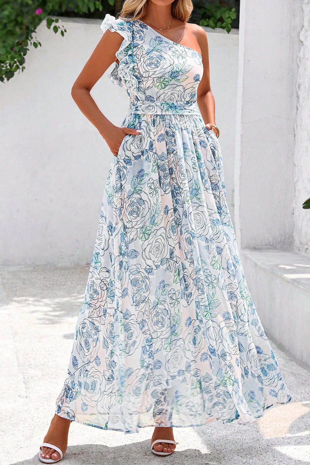 Blue Floral Ruffle One-Shoulder Maxi Dress