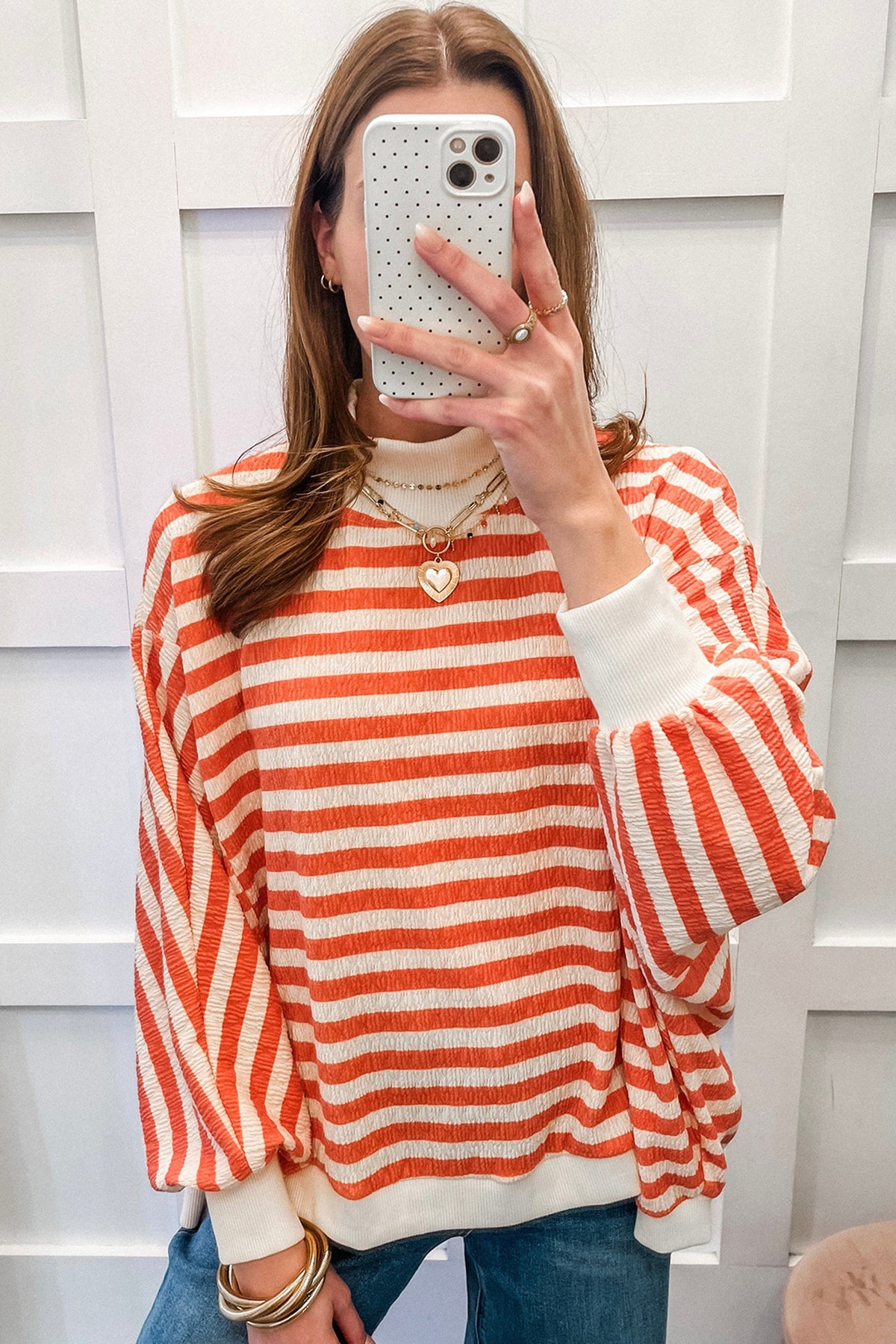 Orange Stripe Striped Textured Stand Neck Oversized Top