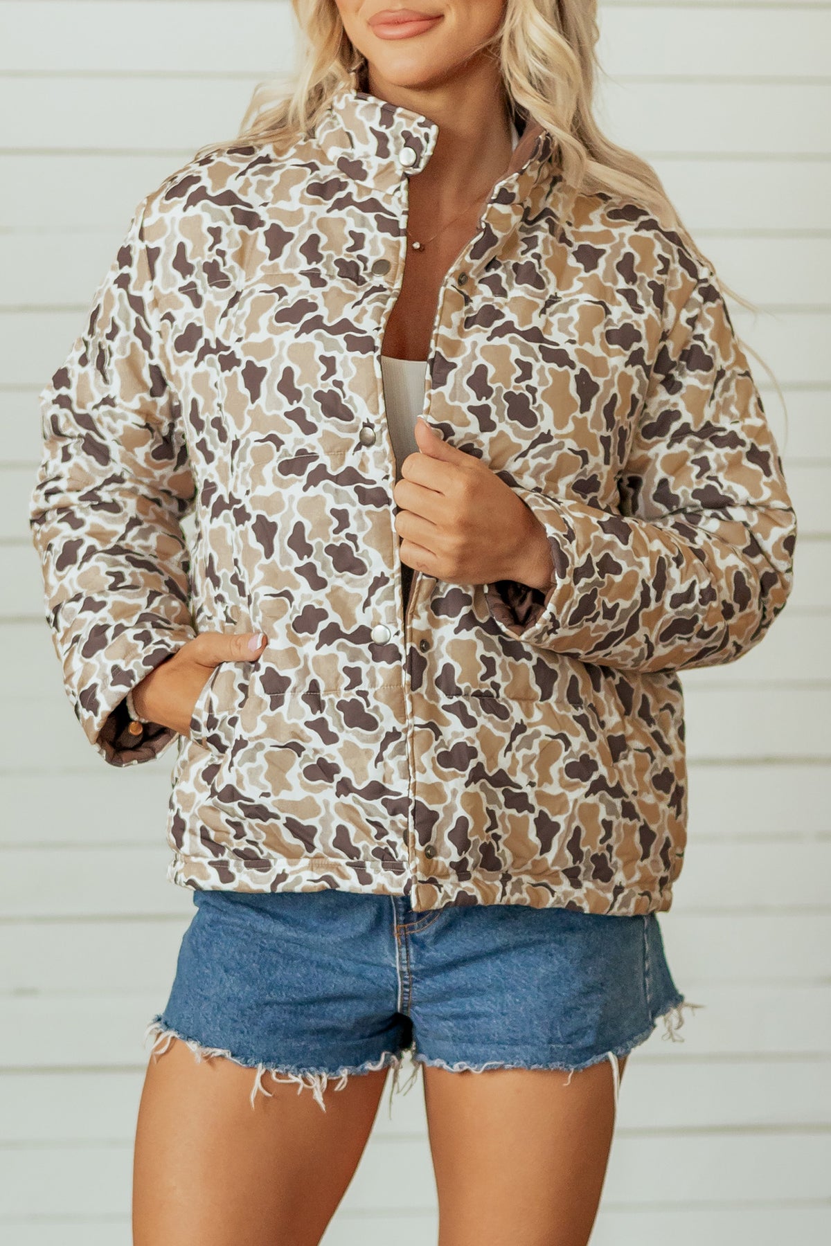Multicolour Camouflage Quilted Metal Button Collar Puffer Coat