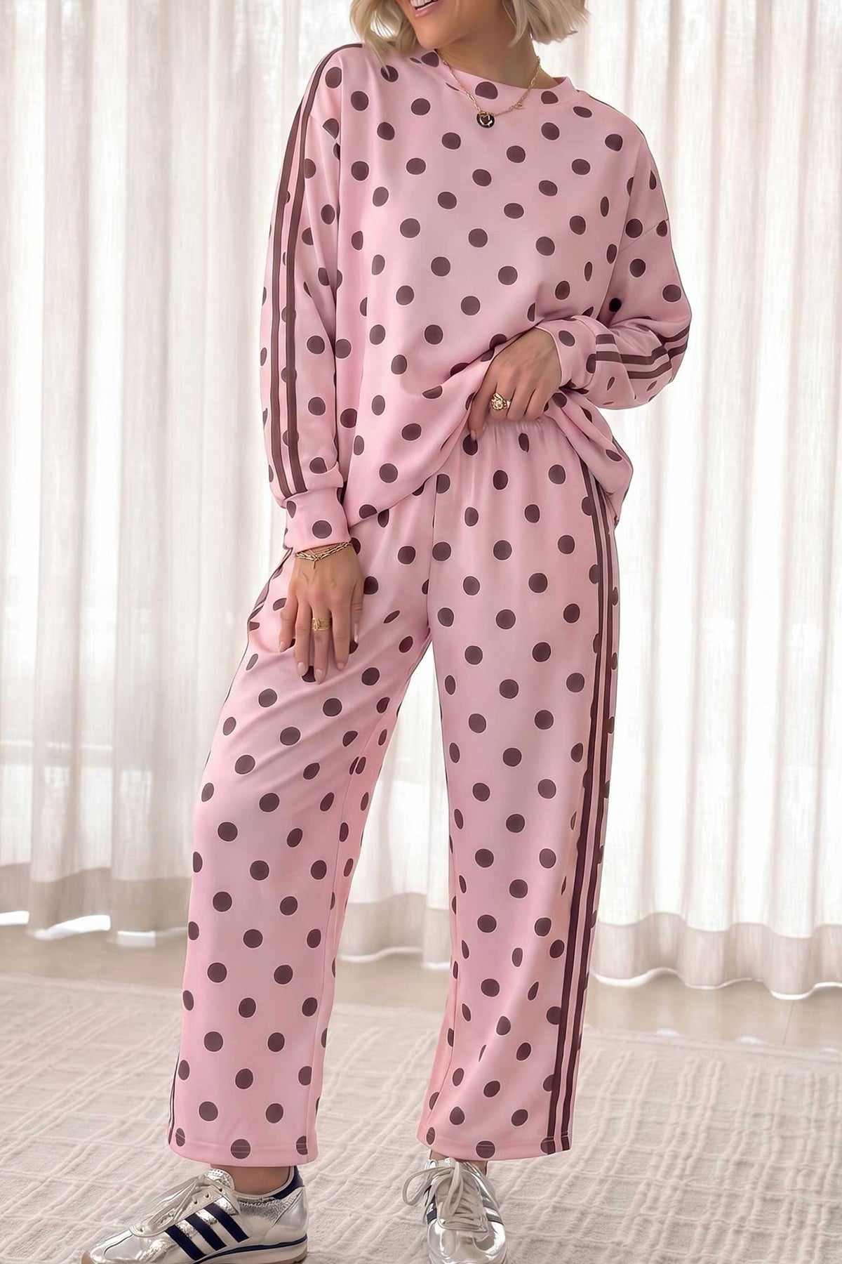 Pink Polka Dot Print Side Stripe Detail Long Sleeve Top Pant Set