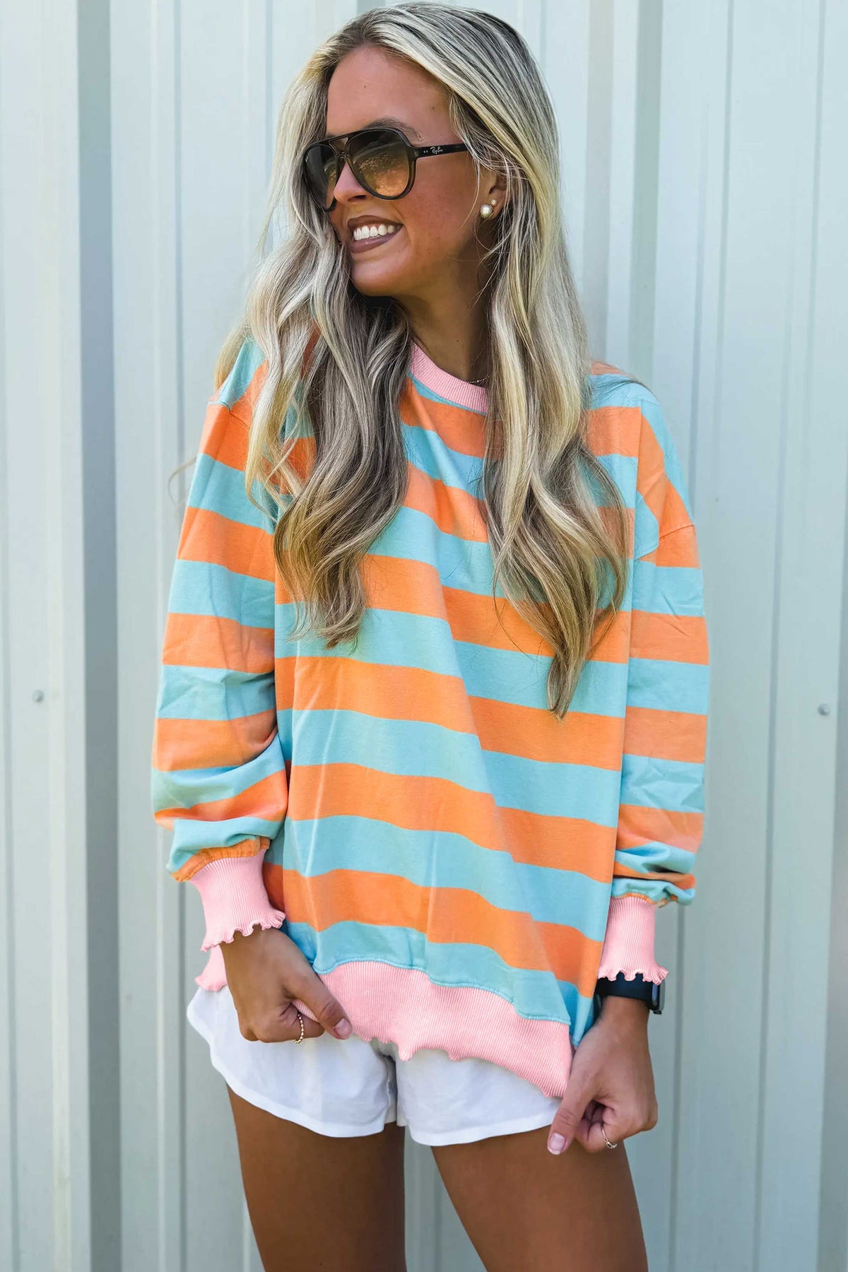 Orange Stripe Ribbed Color Block Trim Round Neck Shift Top