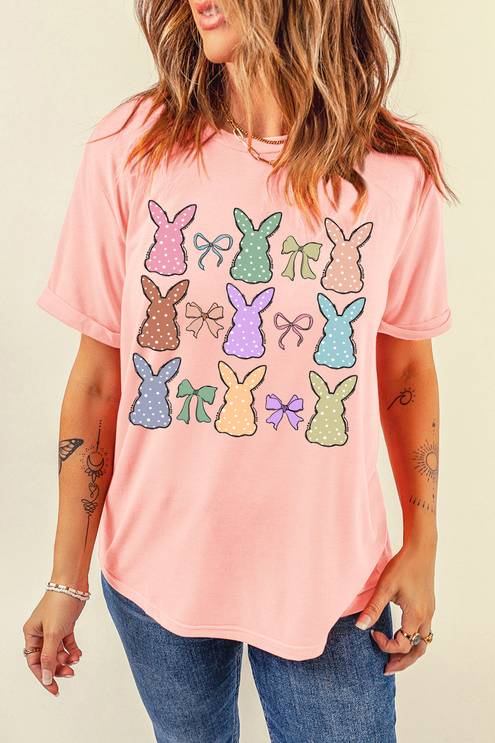 Pink Dotty Bunny Bow Printed Easter Day Fashion T-Shirt