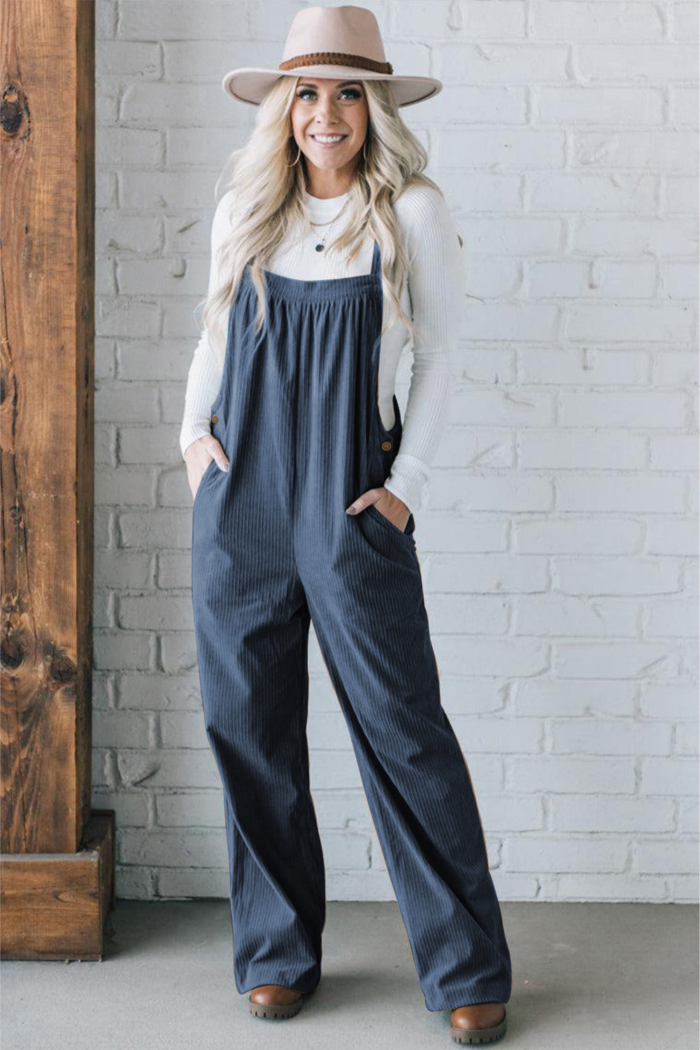 Real Teal Button Adjustable Straps Solid Corduroy Jumpsuit