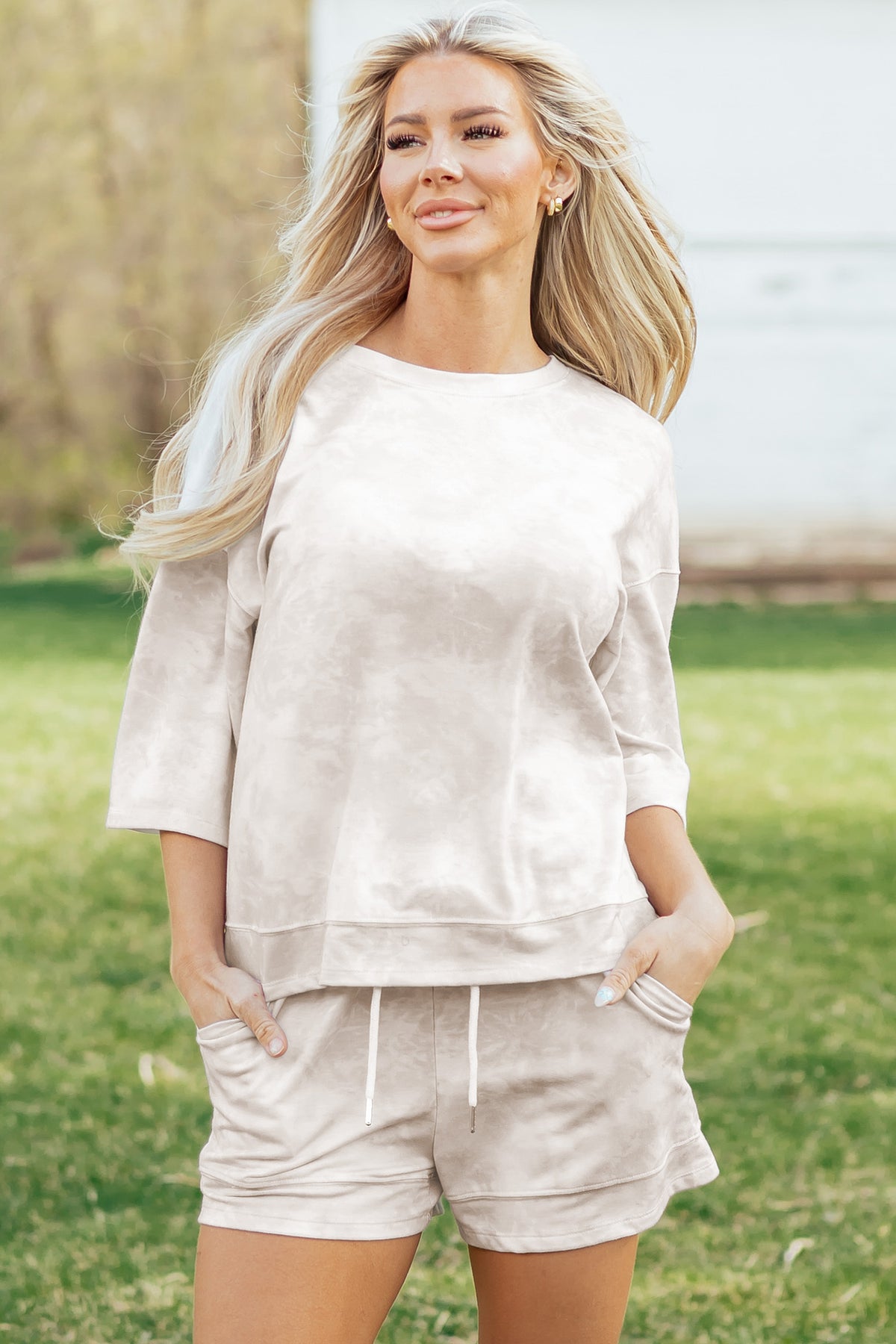 Women's Beige Vintage Tie Dye Bracelet Sleeve Two-Piece Shorts Two-Piece Set