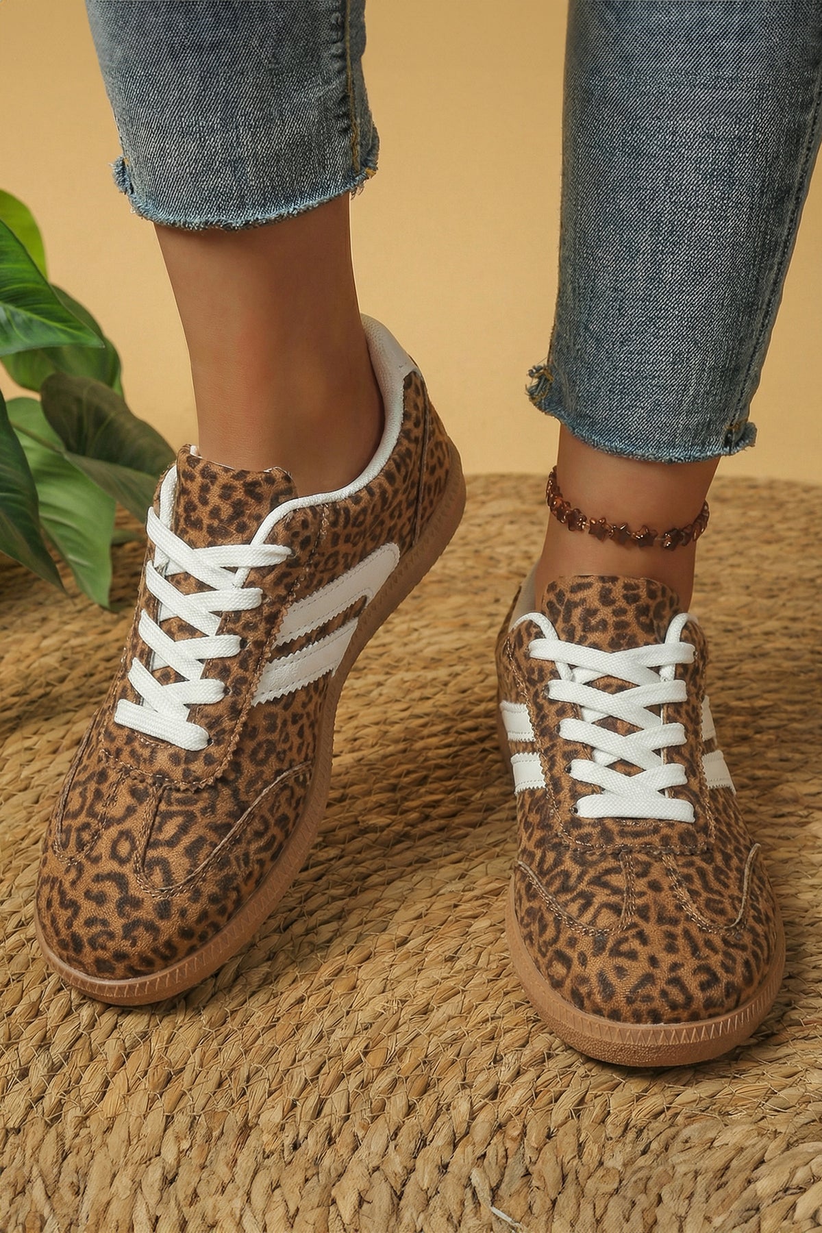 White PU Leather Shimmer Leopard Printed Lace-up Sneakers