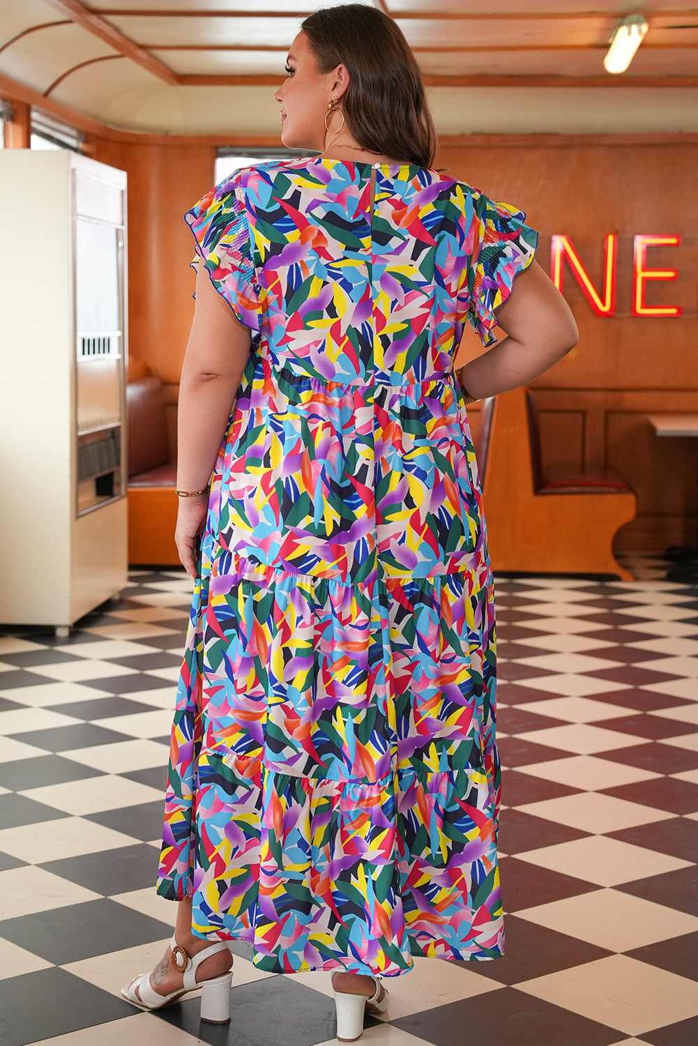 Blue Geometric Print Ruffled Short-Sleeve Plus Size Tiered Maxi Dress