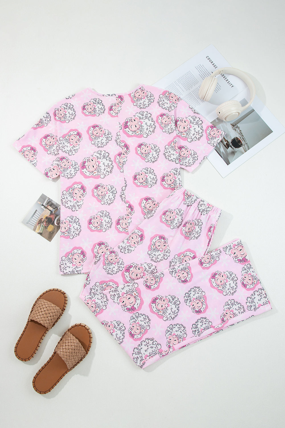 Pink Santa Claus Print V Neck Tee Drawstring Pants Lounge Set