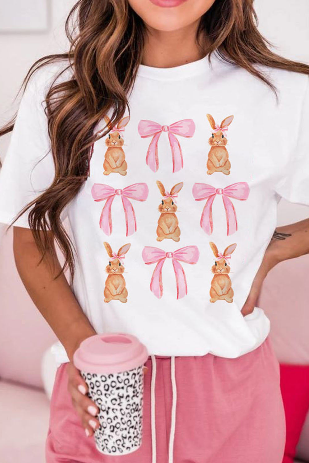 White Rabbit Bow Knot Print Crew Neck T-Shirt