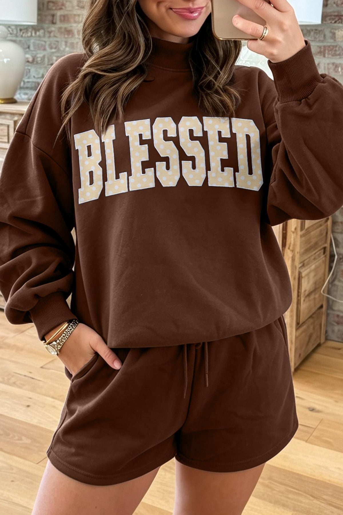 Women's Dark Green Christmas Slogan Print Mock Neck Pullover and Shorts Set