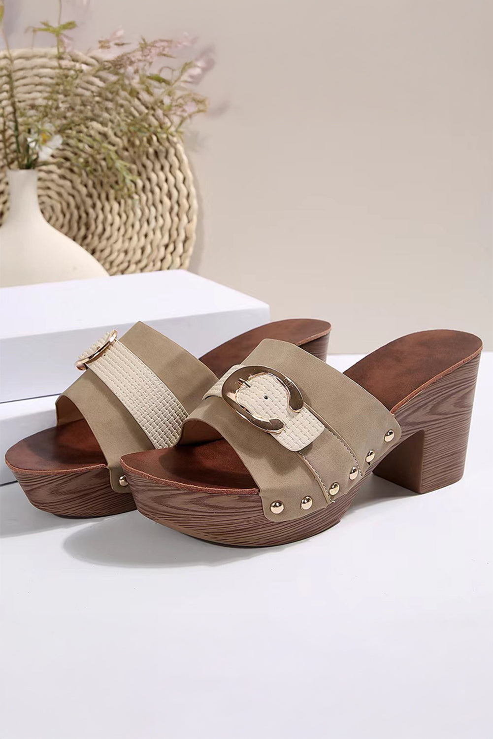 Pale Khaki Buckle Decor Studded Chunky Heel Sandals