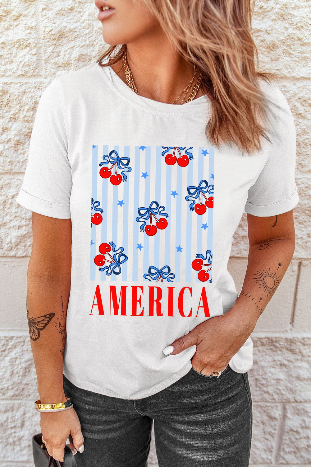 White Bow Cherry AMERICA Graphic Crewneck Patriotic T-Shirt