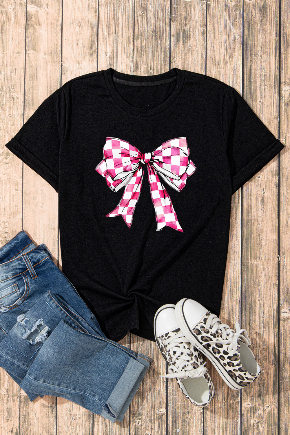 Black Checkerboard Bowknot Graphic Crewneck T-Shirt