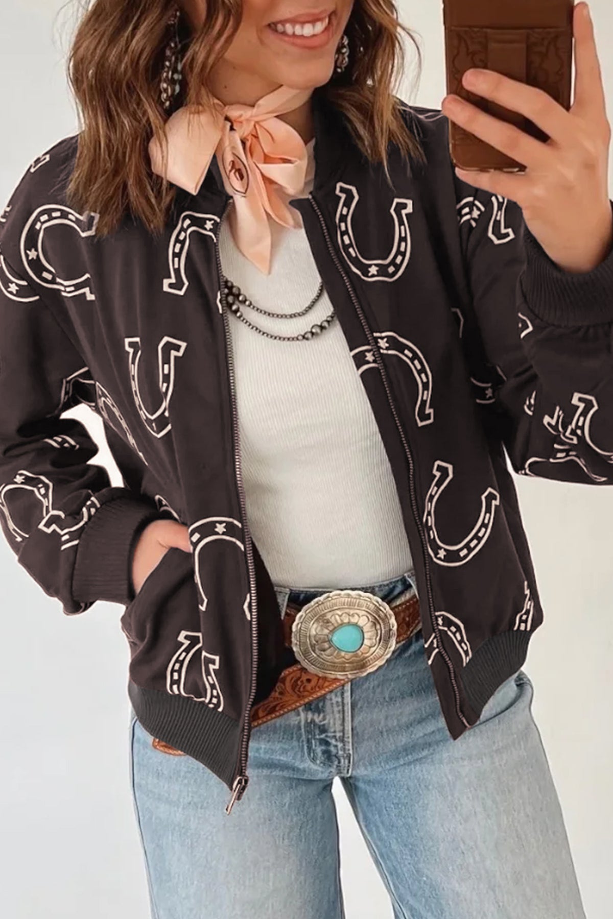 Brown Western Horseshoe Print Zip Jacket