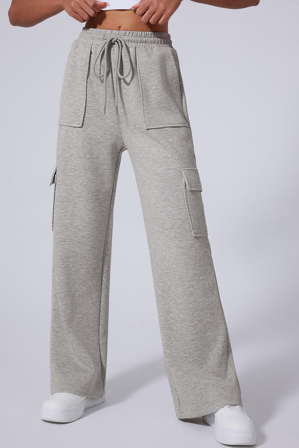 Light Grey Multi Pockets Lace-up High Waist Wide Leg Active Pants