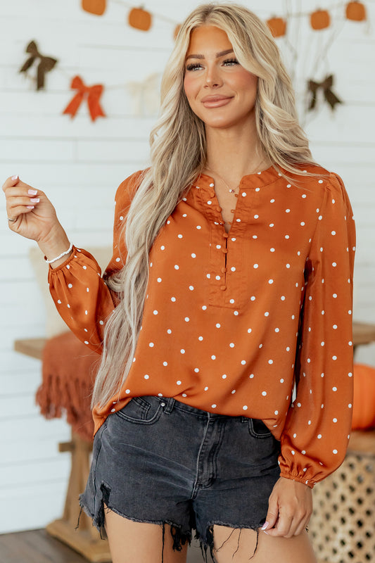 Brown Polka Dot Half Button V Neck Blouse