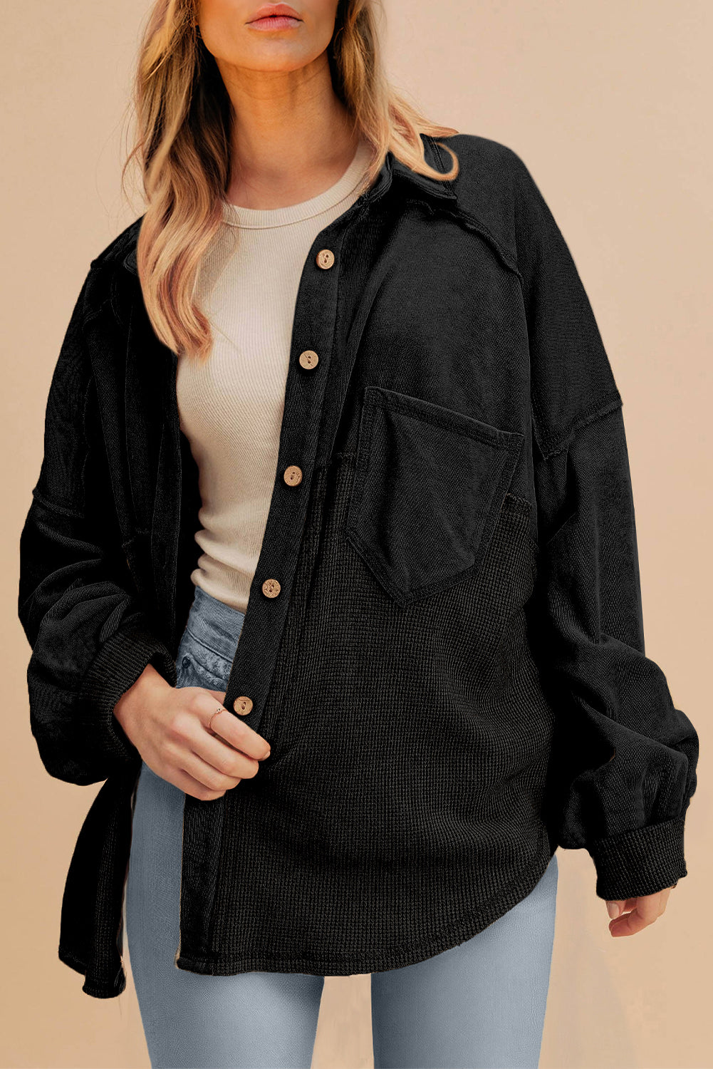 Black Waffle Knit Patchwork Exposed Seam Loose Shacket