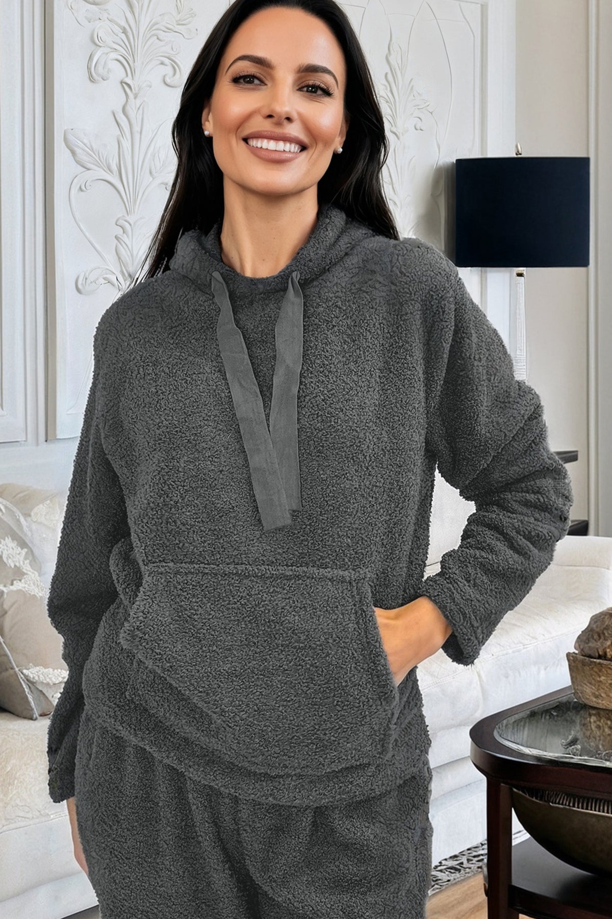 Medium Grey Fuzzy Drawstring Hoodie Lounge Pants Set