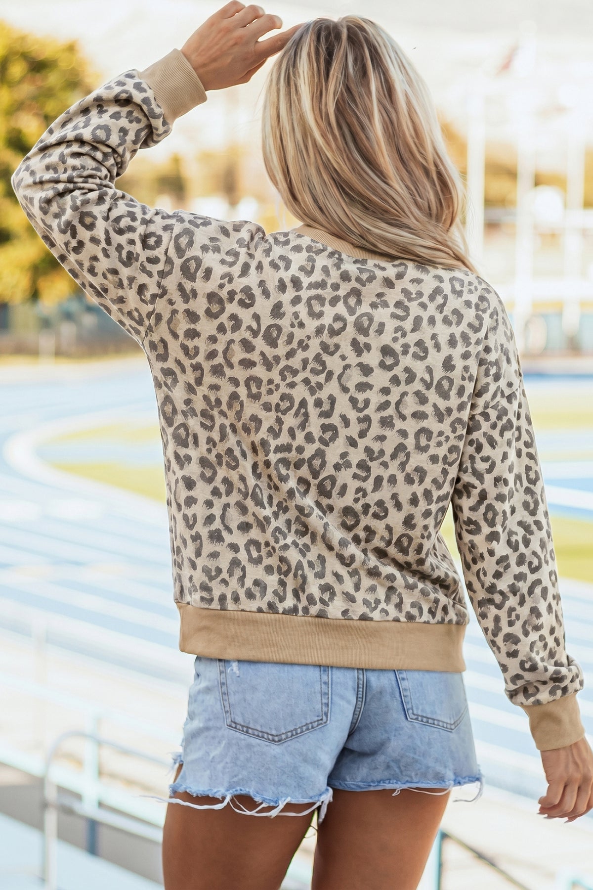Beige Camouflage Print Ribbed Trim Mock Neck Top