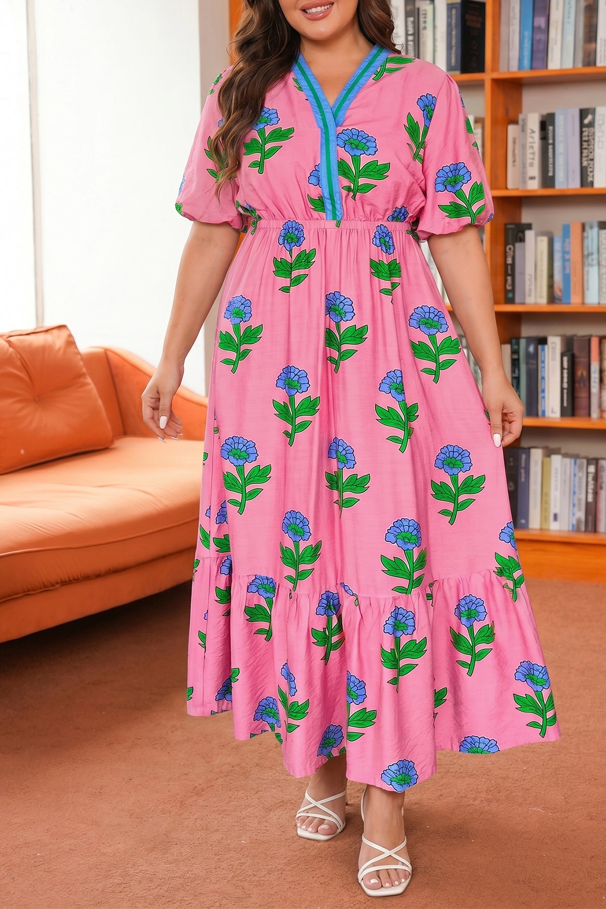 Pink Plus Size Striped V-Neck Ruffled Floral Long Dress