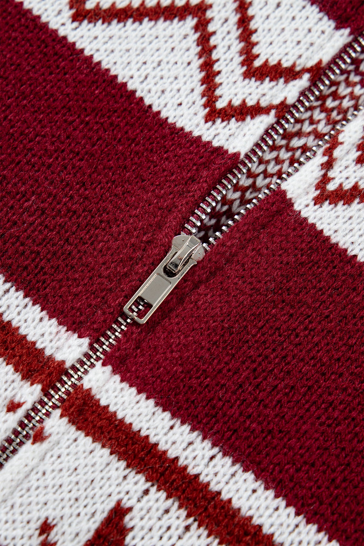 Red Geometric Pattern Zip-Up Knit Long Sleeve Cardigan