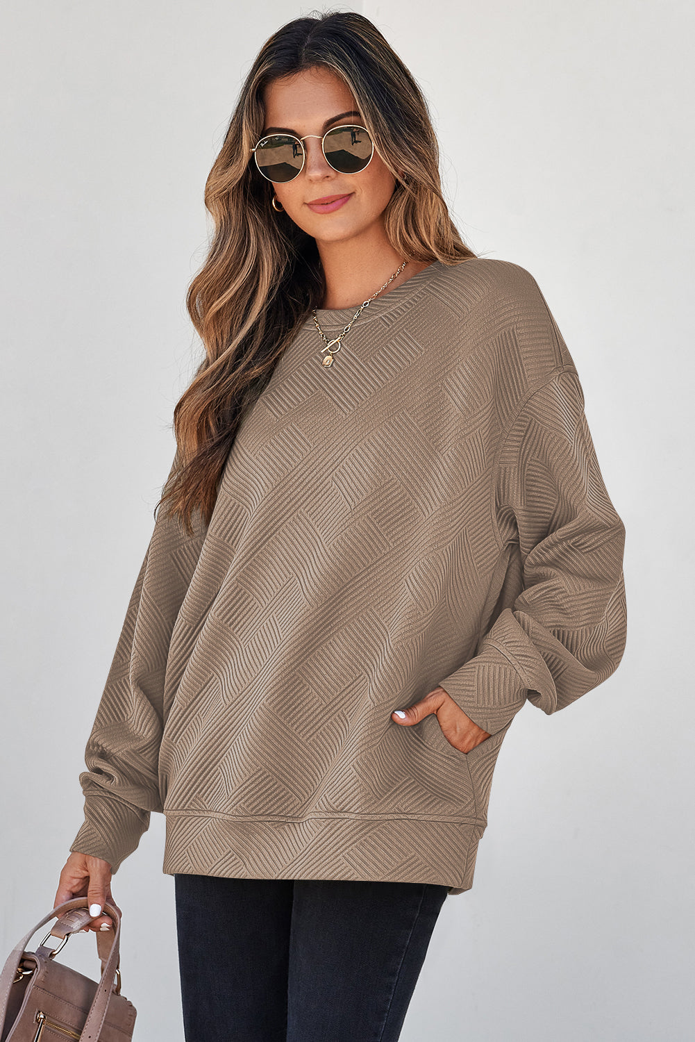 White Solid Color Textured Round Neck Sweatshirt