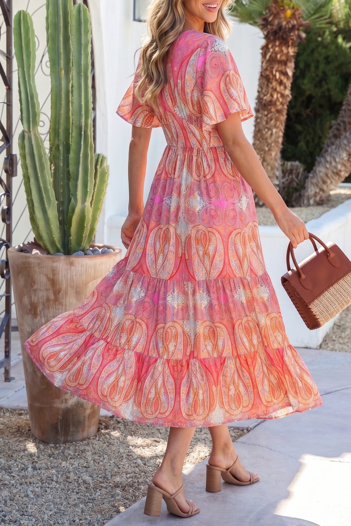 Multicolour Paisley Ruffle V-Neck Maxi Dress