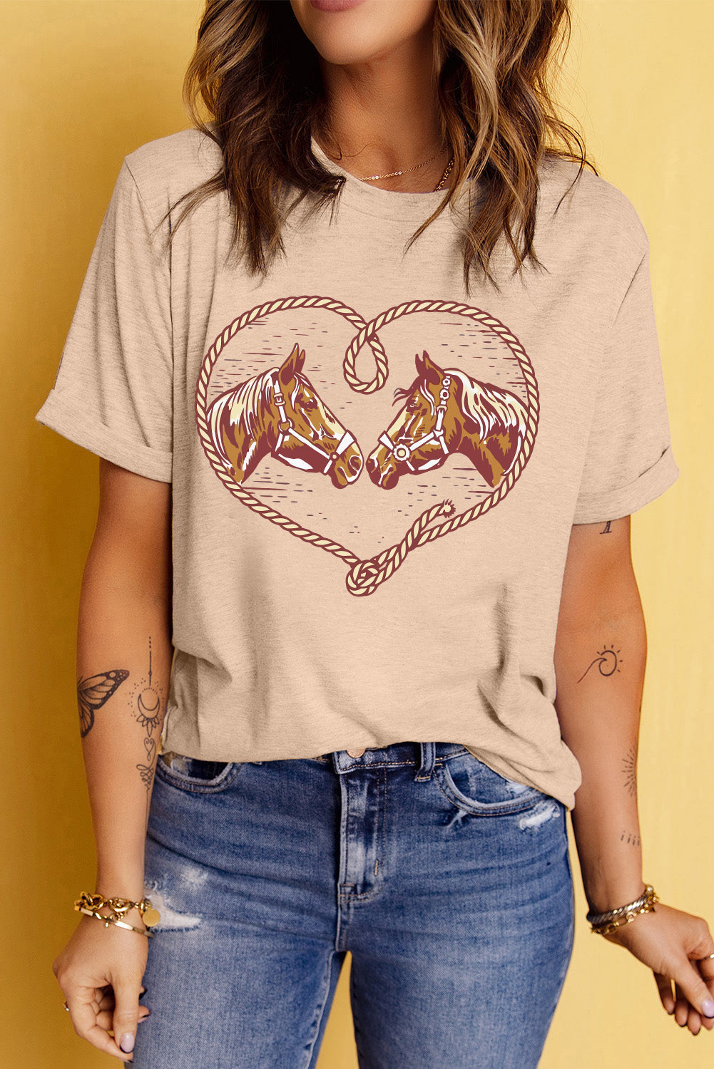 Khaki Rodeo Horse Graphic Western Cowgirl Fashion T-Shirt