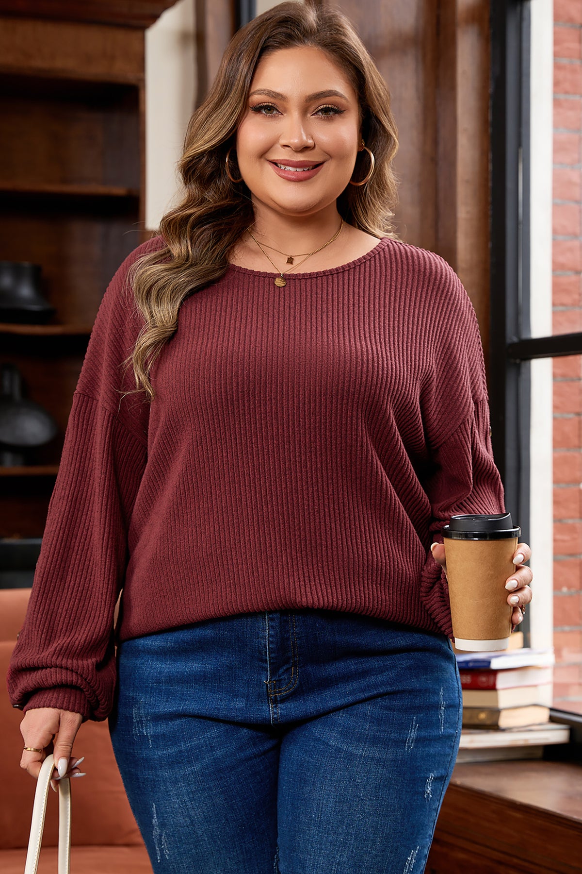 Wild Ginger Plus Size Ribbed Button Decor Long-Sleeve Loose Top