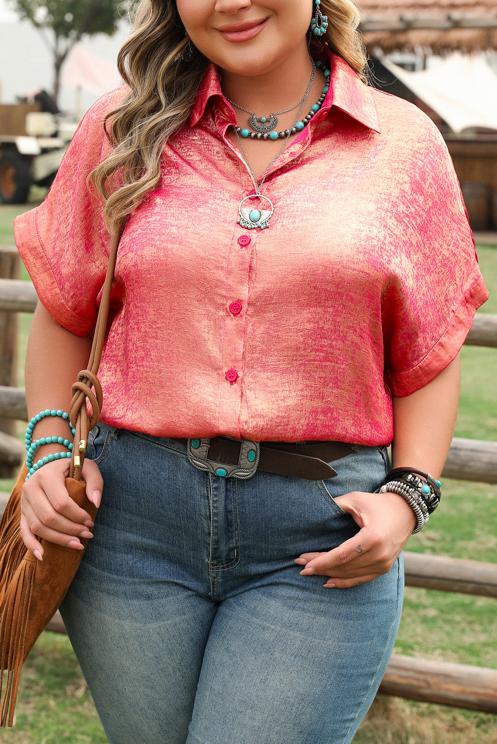 Rose Red Plus Size Metallic Sheen Short-Sleeve Button-Up Shirt