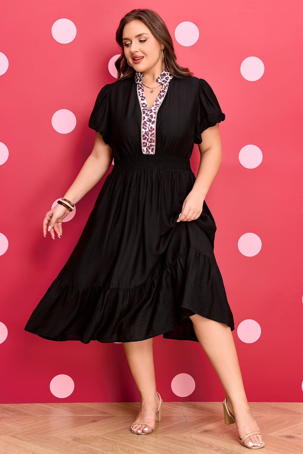 Black Leopard V-Neck Patchwork Smocked Waist Plus Size Ruffled Dress