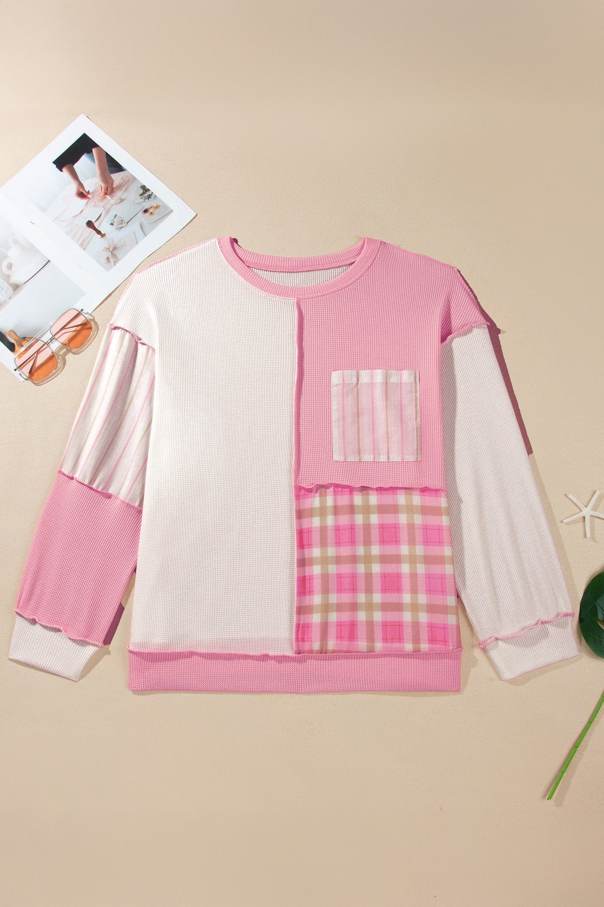 Pink Color-Block Plaid Panel Long-Sleeve Plus Size Blouse