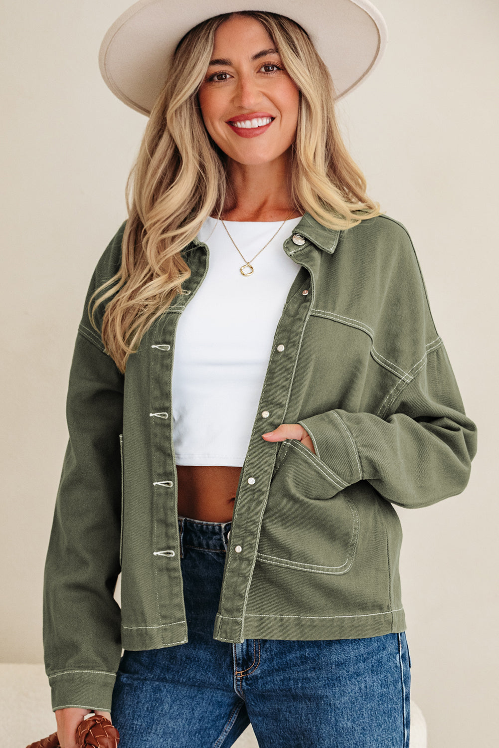 Smoke Green Patched Pocket Collared Boyfriend Denim Jacket