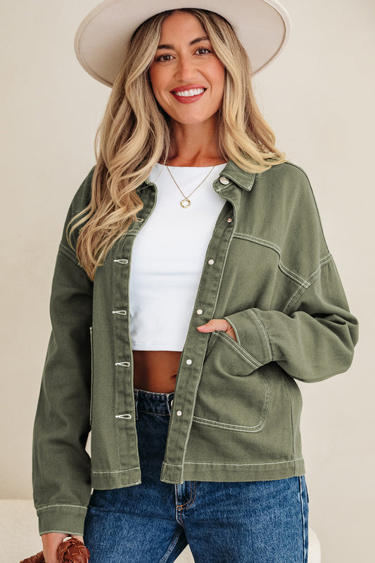 Smoke Green Patched Pocket Collared Boyfriend Denim Jacket