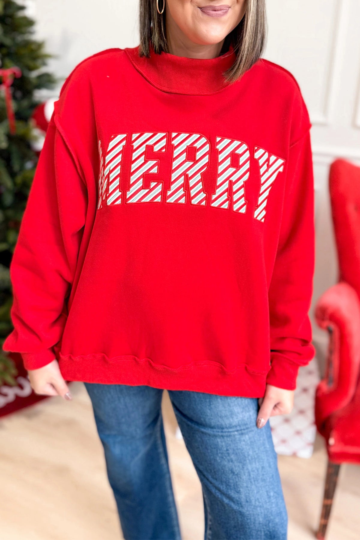 Fiery Red Embroidered Merry Slogan Stand Neck Shift Sweatshirt