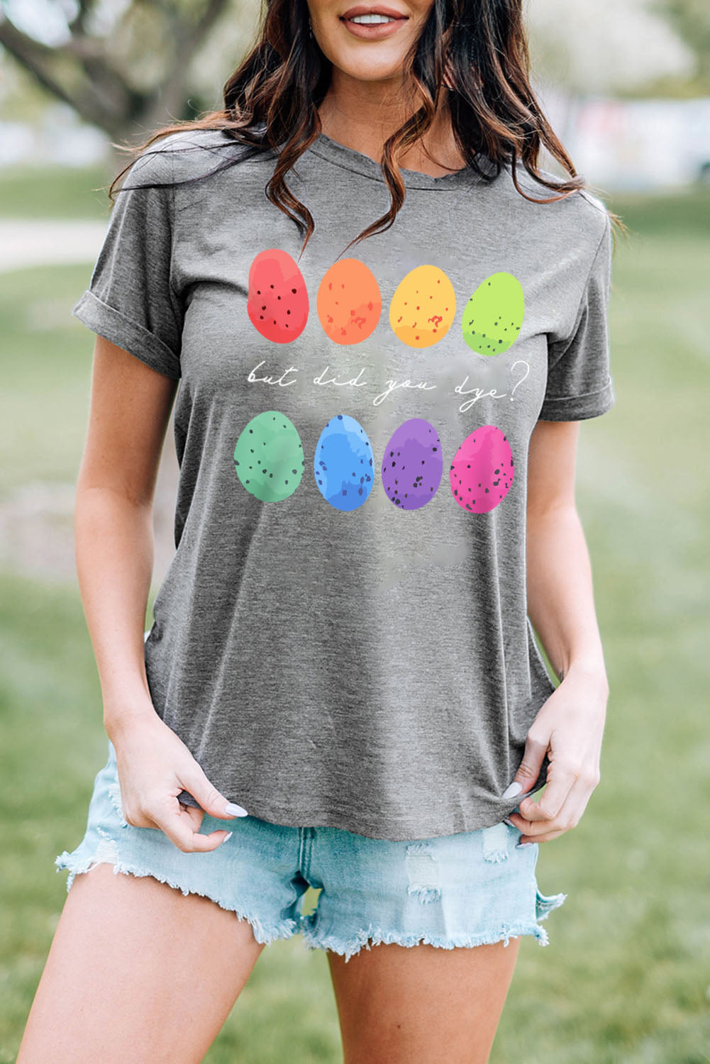 Gray Easter Eggs Print Crew Neck T-Shirt