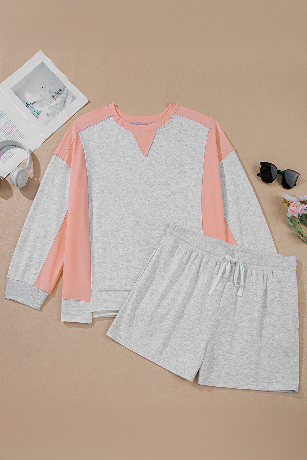 Light Grey Uneven Hem Color-Block Pullover Casual Shorts Plus Size 2pcs Outfit