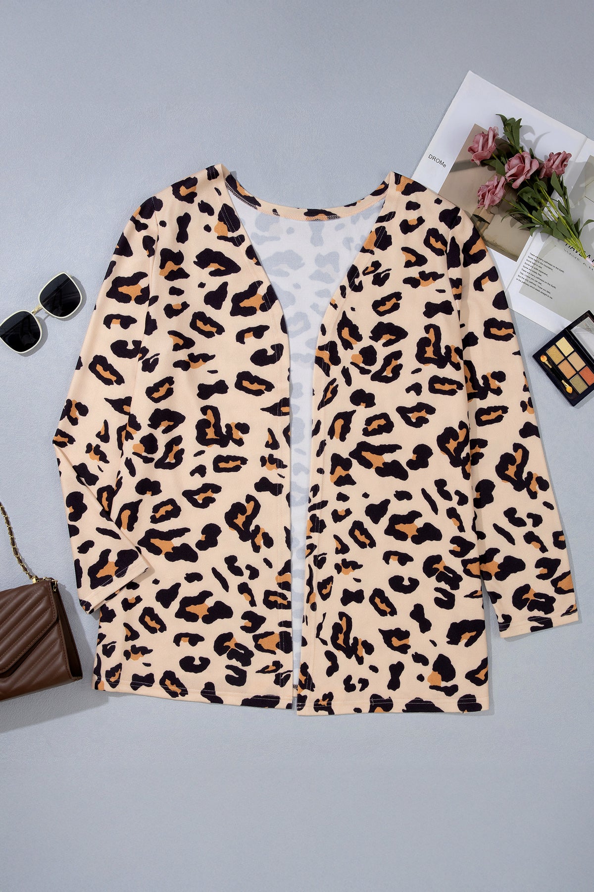 Khaki Leopard Print Long-Sleeve V-Neck Tunic Plus Size Cardigan
