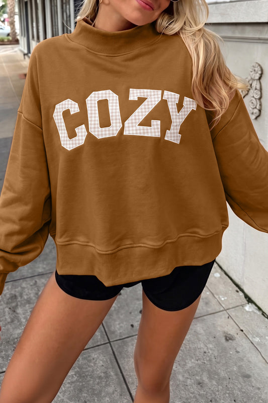 Chestnu COZY Embroidered Stand Neck Shift Sweatshirt