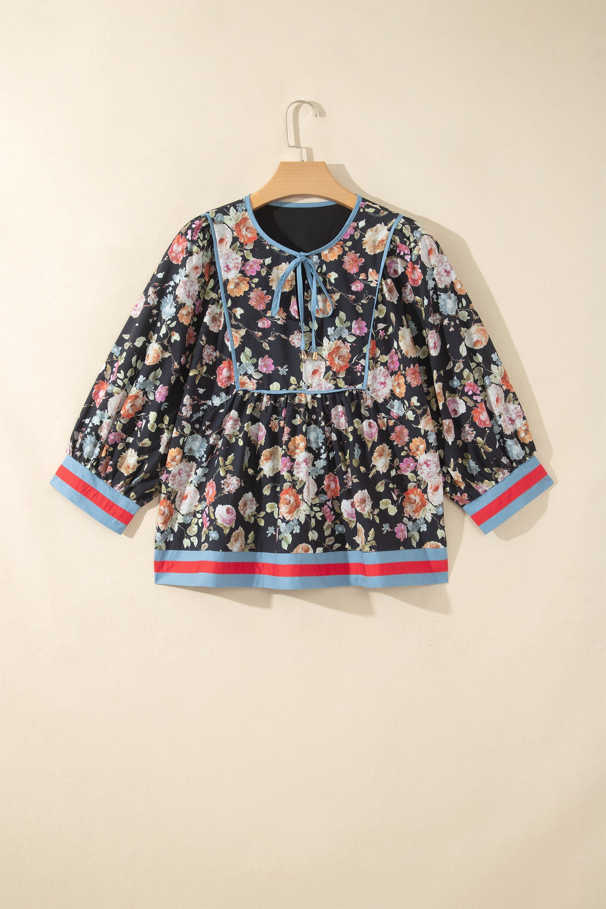 Black Floral Print Contrast Trim Tie V Neck Blouse