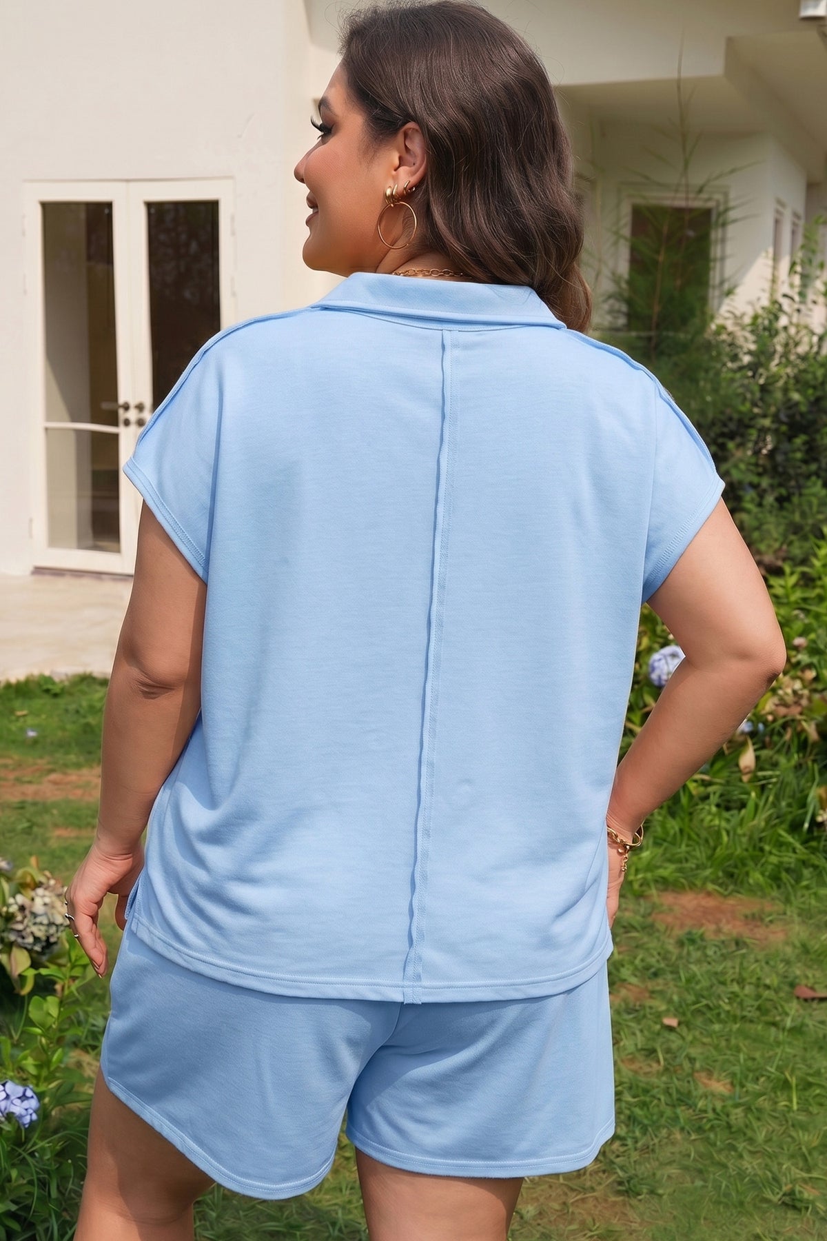 Mist Blue Solid Color Polo Tee Elastic-Waist Shorts Plus Size Outfit