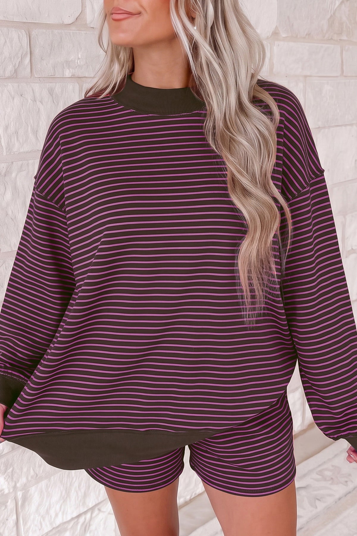 Women's Pink Stripe Ribbed Patchwork Mock Neck Baggy Pullover Matching Shorts Set