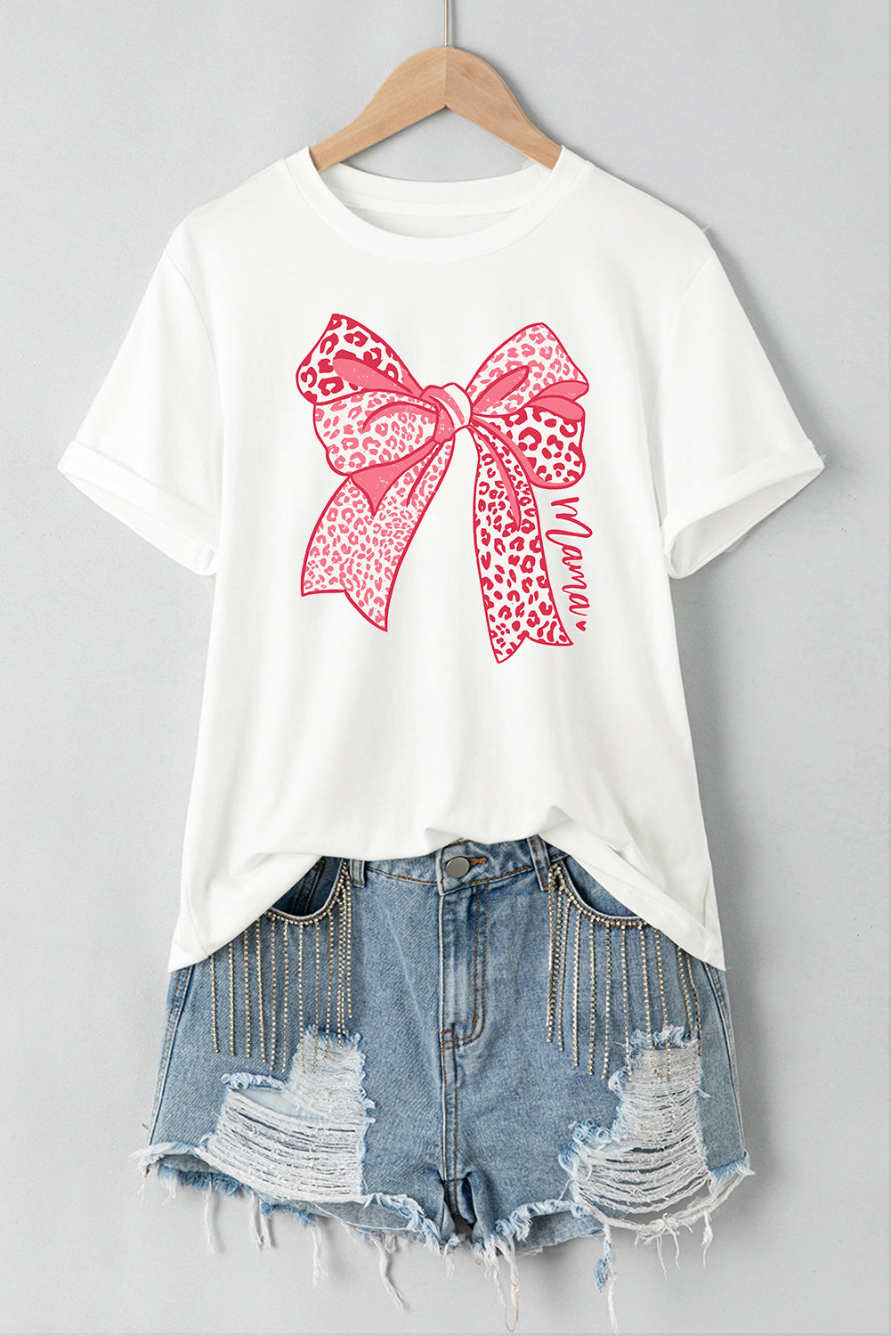 White Leopard Bow Graphic Mothers Day Fashion T-Shirt