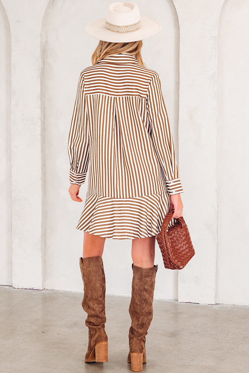 Brown Stripe Ruffled Hem Collared Long Sleeve Shirt Mini Dress