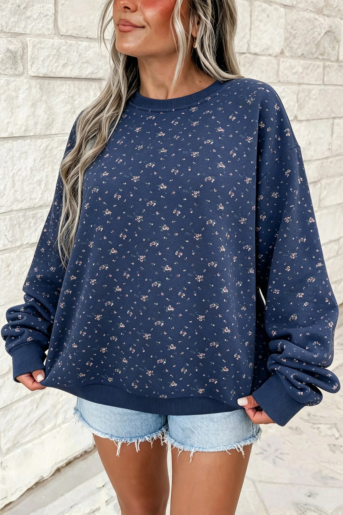 Blue Floral Drop Shoulder Pullover Sweatshirt
